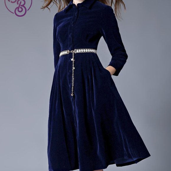 Blue Velvet Belted Dress  by Couer de Vague - Picture 2 of 5